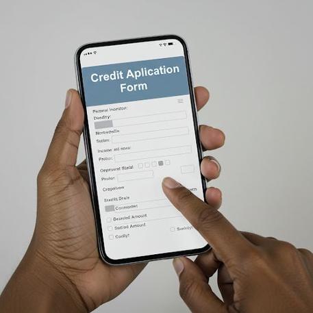 O mână de o persoană cu pielea măslinie, unghii îngrijite, ține un smartphone care afișează pe ecran un formular de aplicare pentru un credit. Formularul este completat cu atenție, cu casete de text și meniuri drop-down clare și bine definite. Iluminarea este moale și uniformă, sporind lizibilitatea ecranului smartphone-ului. Fundalul este estompat intenționat, creând un efect bokeh și atrăgând atenția privitorului asupra mâinii și smartphone-ului. Fotografia este realizată cu un obiectiv de 50 mm, menținând o perspectivă naturală. Ecranul telefonului afișează o interfață ușor de utilizat, cu instrucțiuni clare și câmpuri pentru informații personale, detalii despre venituri și suma de credit dorită. Designul formularului este modern și minimalist, folosind un fundal alb curat cu text gri închis.