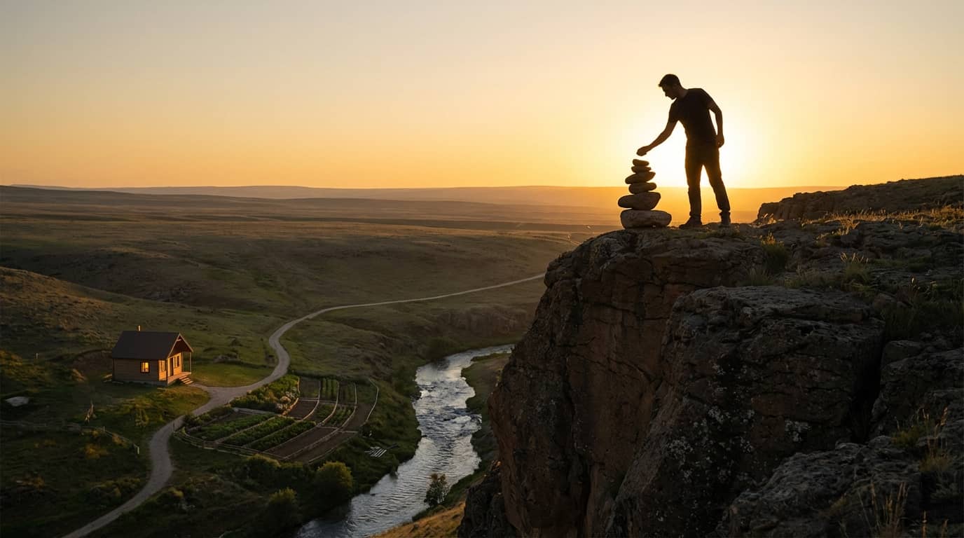 Bărbat clădind o piramidă de pietre pe marginea unei stânci, deasupra unei văi cu râu la apus de soare.