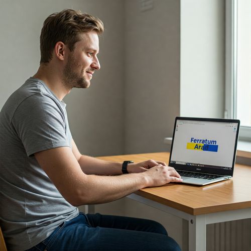 Un bărbat caucazian, cu păr blond și îmbrăcat într-un tricou gri și blugi albaștri, stă așezat la un birou de lemn și tastează la un laptop. Pe ecranul laptopului se poate citi textul