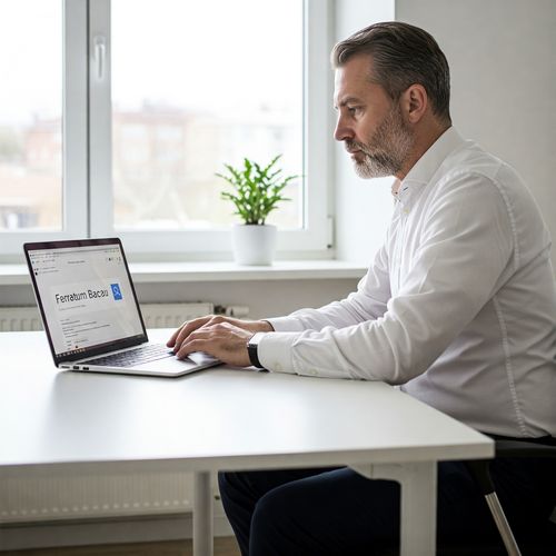 Imaginea prezintă un bărbat caucazian, cu părul scurt și barbă grizonată, așezat la o masă albă și lucrând la un laptop. Pe ecranul laptopului se poate distinge textul