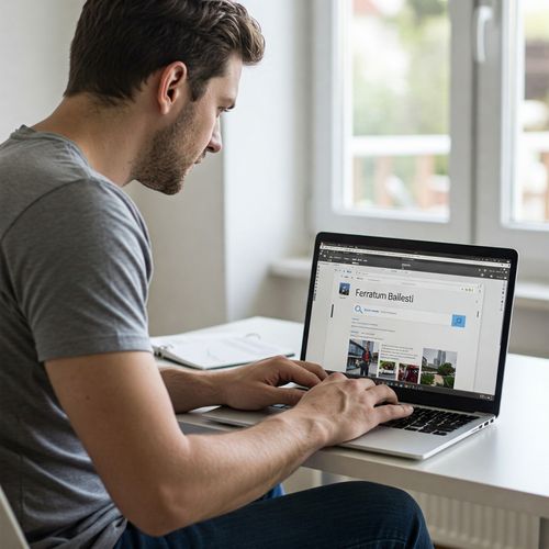Un bărbat caucazian, cu părul scurt și o barbă scurtă, îmbrăcat într-un tricou gri, stă aplecat în fața unui laptop argintiu așezat pe o masă albă. Tastând cu ambele mâini, el caută