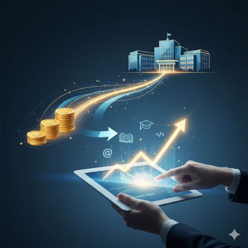 Mână utilizând o tabletă cu grafic ascendent, monede de aur transformându-se în iconițe de educație și o universitate, simbolizând investiția în viitor prin finanțare.