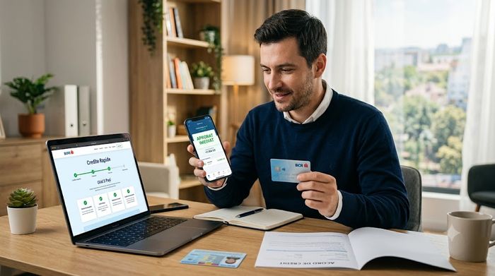 Bărbat zâmbitor cu telefon și card bancar primind aprobare rapidă pentru credit online.