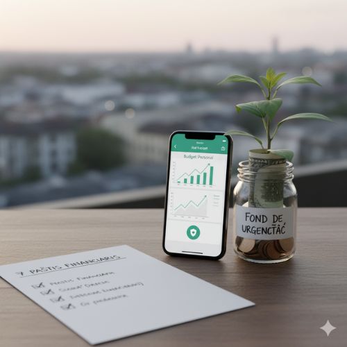 Un smartphone afișând o aplicație de buget personal cu grafice de creștere. Alături, un borcan de sticlă transparent, inscripționat 