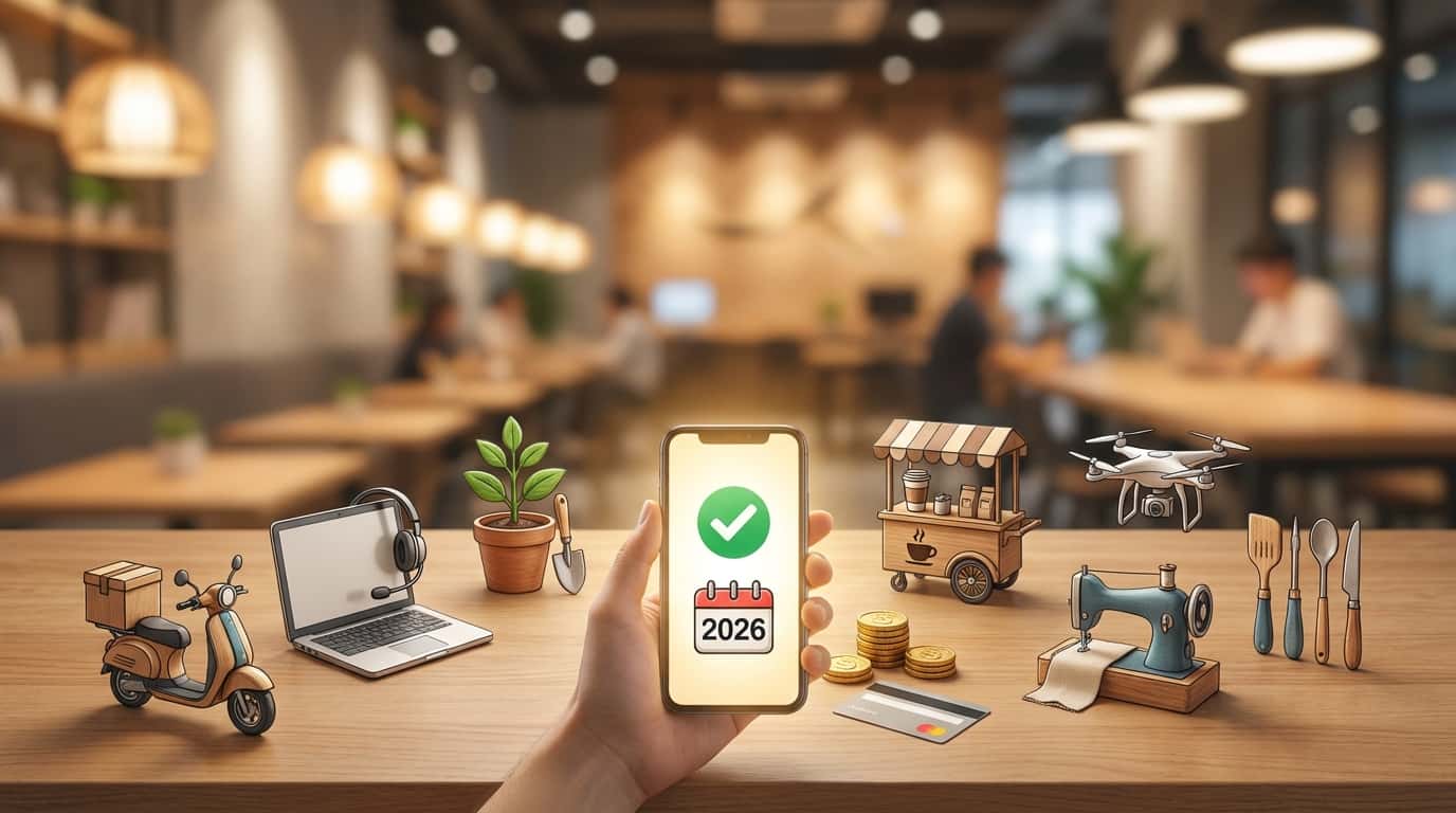 Smartphone cu calendar 2026 înconjurat de simboluri pentru afaceri mici, livrări și servicii digitale.