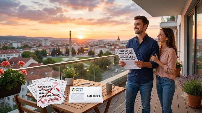 Cuplu zâmbitor care ține un contract de refinanțare pe balcon la apus, simbolizând eliberarea de datorii.