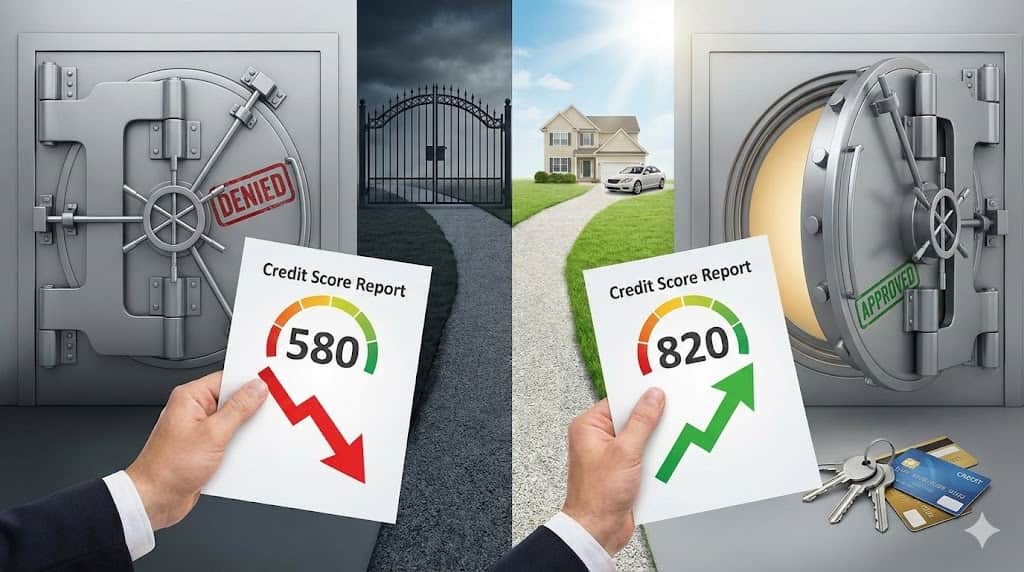 Impact scor FICO asupra aprobării creditului: comparație vizuală scor mic vs mare.