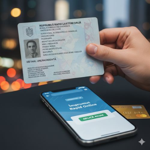 Mână care ține un buletin (carte de identitate) deasupra unui smartphone deschis pe o aplicație de împrumut rapid online, cu un card bancar în fundal, simbolizând simplitatea și viteza obținerii unui credit doar cu acte minime.