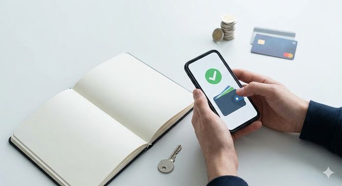 Concept vizual pentru accesarea unui prim împrumut online la 18 ani: mâinile unui tânăr ținând un smartphone care afișează o aprobare digitală (bifă verde în portofel electronic). Pe birou, un caiet gol și o cheie simbolizează un nou început financiar fără istoric bancar anterior, alături de monede și carduri.