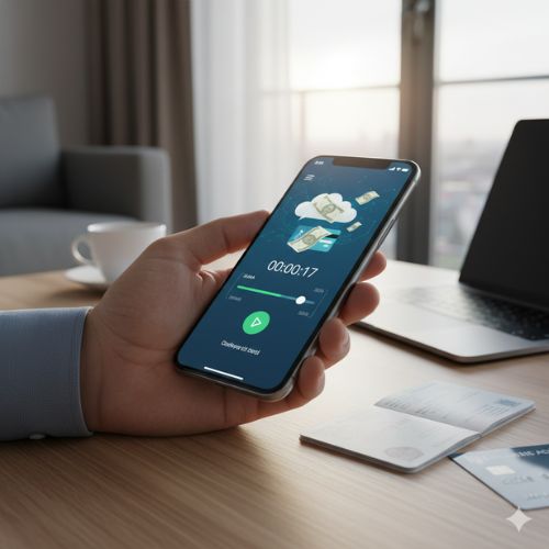 O persoană ține un smartphone care afișează o interfață de aplicație pentru împrumuturi online instant, cu un cronometru de numărătoare inversă și pictograme cu bani și nori. Lângă telefon, pe o masă de lemn, se află un laptop deschis, un pașaport și un card bancar, sugerând procesul rapid de obținere a unui credit online din confortul casei.