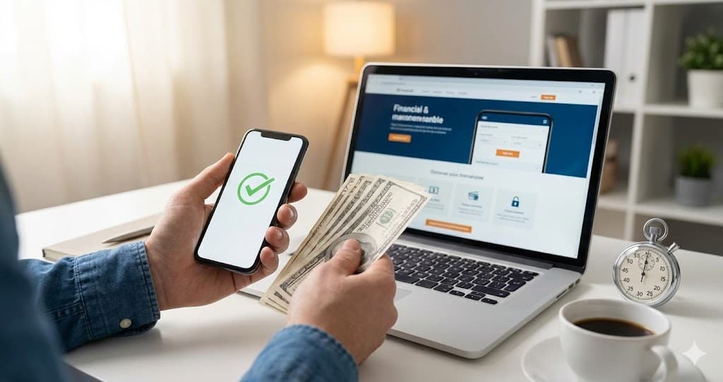 Persoană care obține împrumut online, cu bani și telefon afișând aprobare, lângă laptop și cronometru