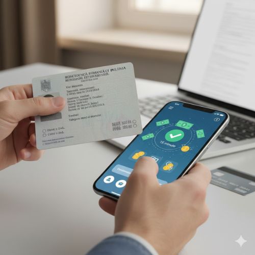 O persoană ține în mână un buletin de identitate românesc, simbolizând simplitatea și cerința minimă de documente pentru împrumuturile rapide. Alături, un smartphone afișează o aplicație financiară cu indicatori de rapiditate (15 minute) și confirmare, reprezentând procesul online, rapid și eficient de obținere a banilor.