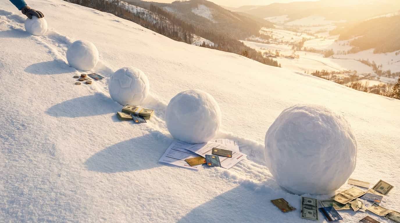 Bulgăre de zăpadă uriaș colectând bani și carduri pe o pantă, simbolizând metoda snowball a datoriilor.