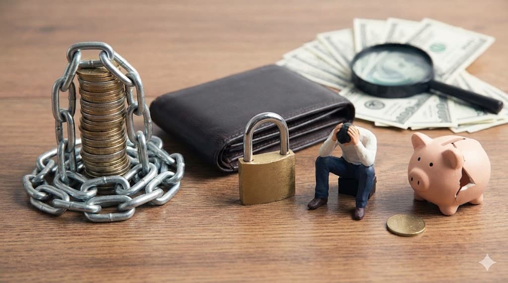 Simboluri ale stresului financiar: monede înlănțuite, portofel blocat, om disperat și pușculiță spartă.