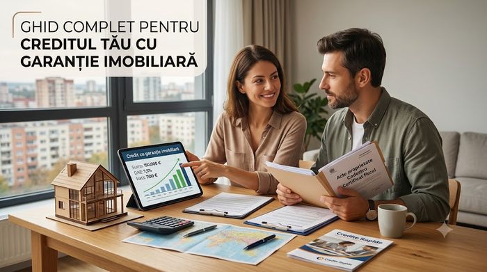 Cuplu analizând acte pentru un credit cu garanție imobiliară pe tabletă în birou