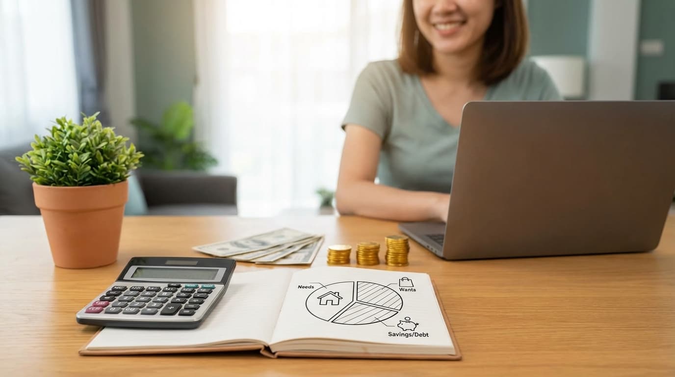 Femeie planificând bugetul personal cu laptop, calculator și grafic pentru nevoi, dorințe și economii.