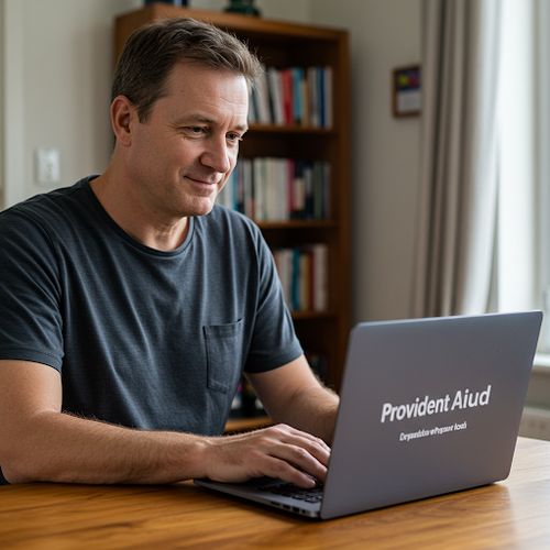 imagine cu un barbat de rasa caucaziana care sta in fata unui laptop pe al carui ecran scrie Provident Aiud