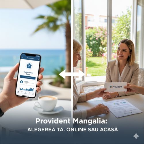 Imaginea surprinde dualitatea ofertelor Provident Mangalia, reflectând flexibilitatea disponibilă pentru locuitori. În partea stângă, o mână ține un smartphone cu aplicația