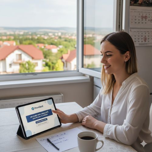 Imaginea surprinde o tânără zâmbind, utilizând o tabletă pentru a accesa platforma online Provident, cu o pagină de aplicare vizibilă. În fundal se zărește un peisaj urban cu case, sugerând comunitatea din Marghita. Pe masă, alături de o cafea, se află o foaie cu notițe despre
