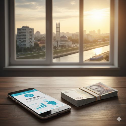 Vedere dintr-o fereastră spre orașul Medgidia la apus, cu o moschee vizibilă. Pe un birou, în prim-plan, se află un smartphone afișând o aplicație de creditare rapidă și o grămadă de bancnote românești.