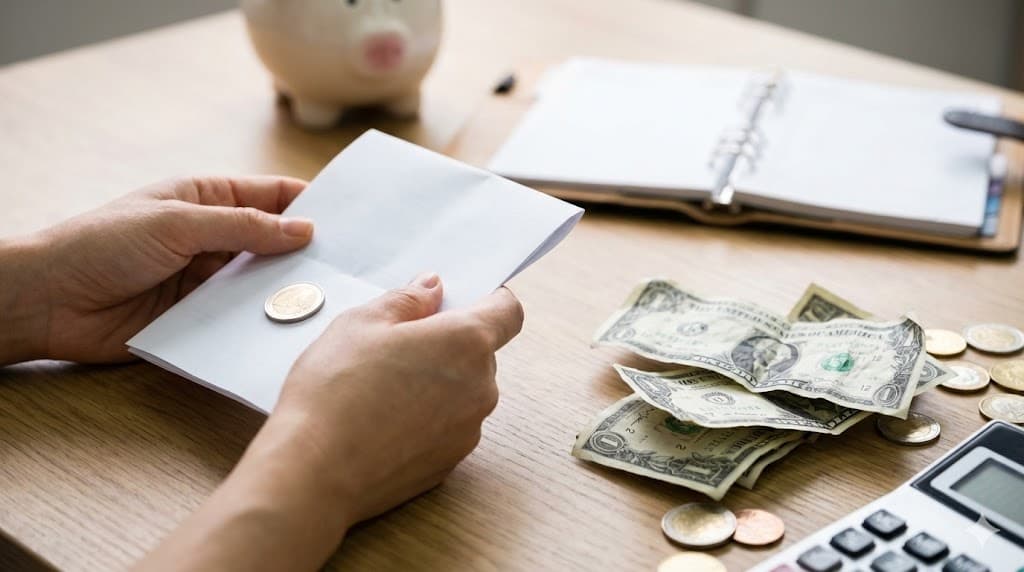 Ilustrare refinanțare credite: Mâini ținând o singură rată consolidată într-un plic, lângă bani și calculator.