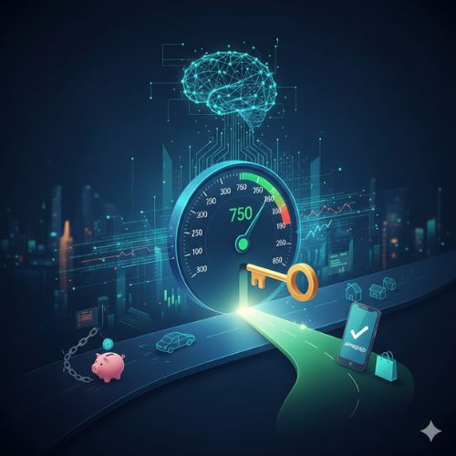 O imagine digitală care ilustrează un scor FICO mare pe un cadran de viteză, o cheie aurie care deschide calea spre un drum luminos către un telefon cu