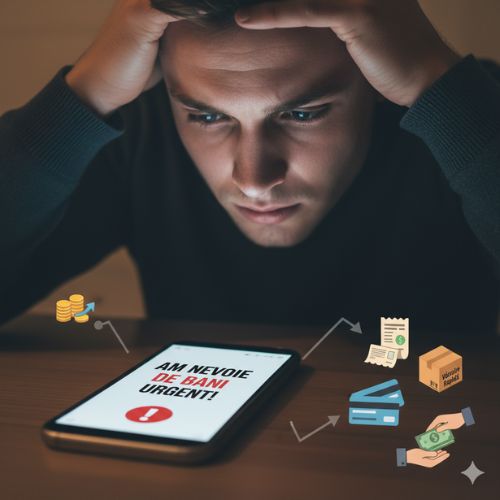 Imaginea ilustrează un tânăr stresat, cu mâinile la cap, privind intens un telefon mobil pe al cărui ecran este afișat mesajul 