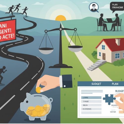 Imaginea este împărțită în două planuri distincte, simbolizând două abordări diferite în fața unei crize financiare. În partea stângă, o cale șerpuită, întunecată, duce spre un panou roșu care proclamă