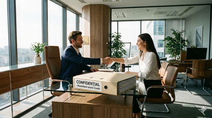 Un bărbat și o femeie își dau mâna într-un birou modern, cu un dosar confidențial pe masă, simbolizând succesul procesului legal de reabilitare a istoricului de credit.