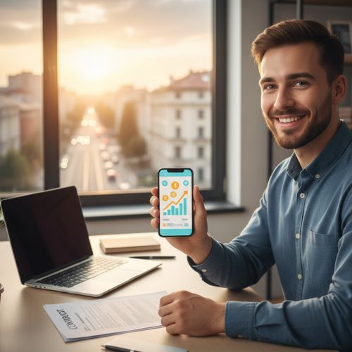 Tânăr proaspăt angajat zâmbind, arătând un grafic financiar ascendent pe un smartphone, simbolizând oportunități de credit rapid și succes financiar, cu un contract de muncă pe birou.